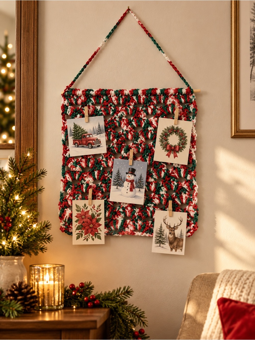 Handmade Crochet Wall Hanging | Christmas Card & Accessory Holder